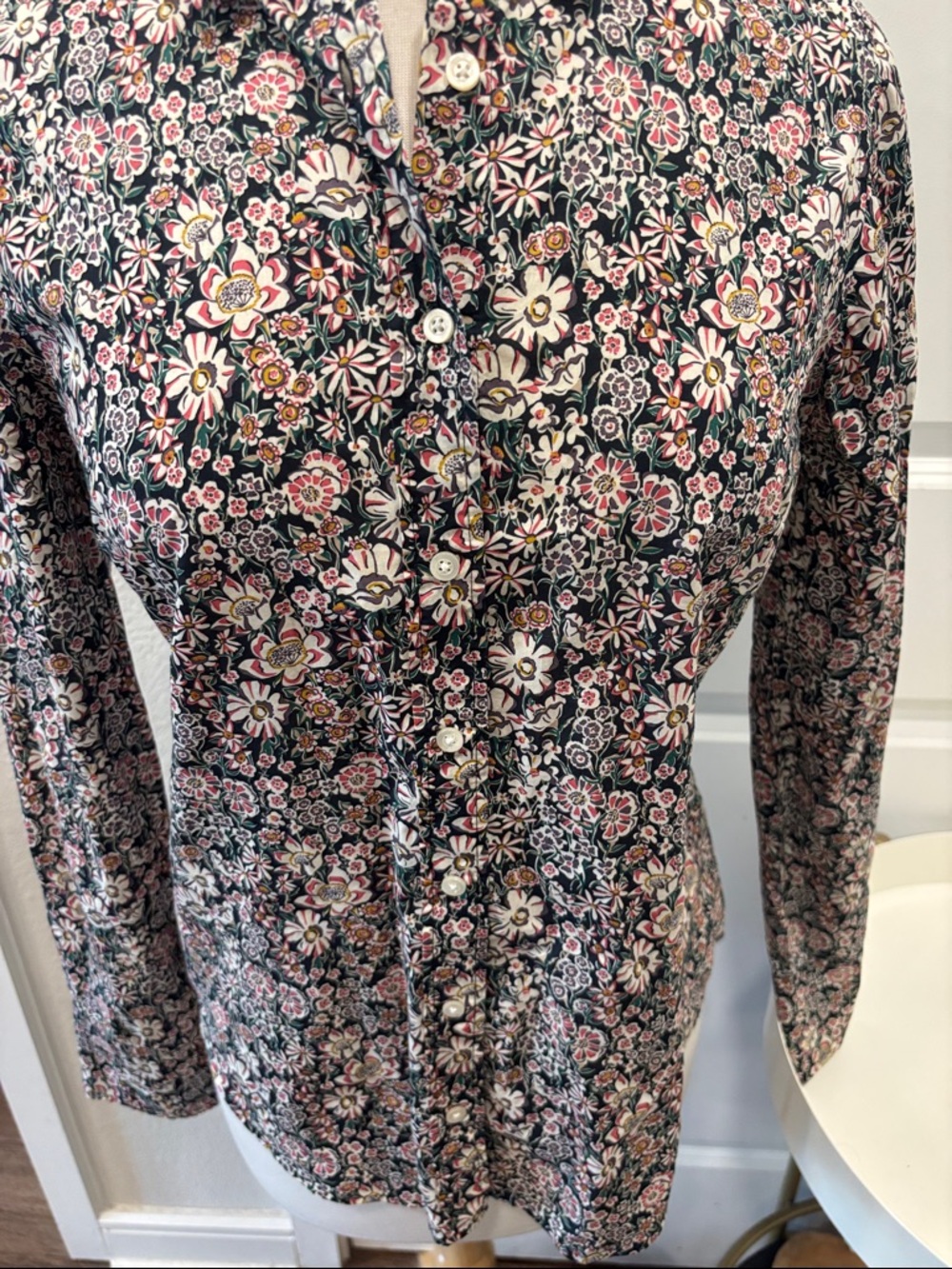 EUC J. Crew Black Floral Button-Down Shirt with Pink, Purple and Cream Accents - Picture 3 of 6